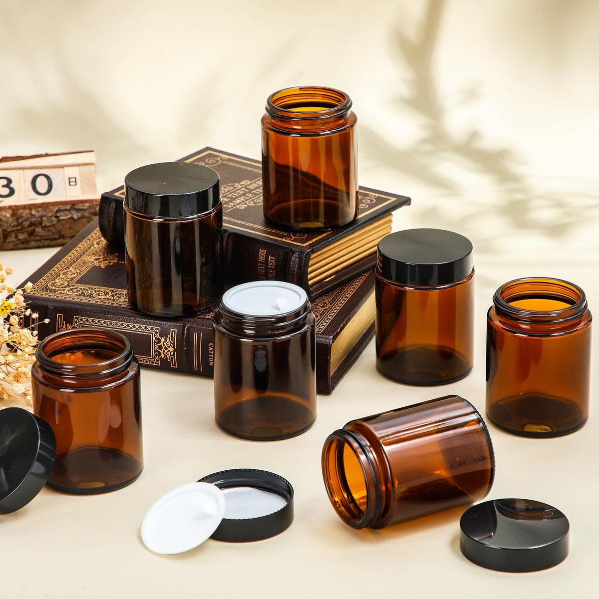Domensi amber jars ideal for spice storage and aroma retention.