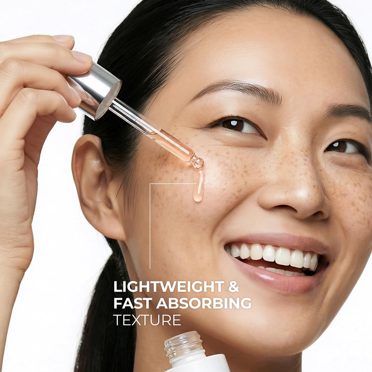 DOMINAS Serum bottle with dropper and clear glass conveying premium skincare experience