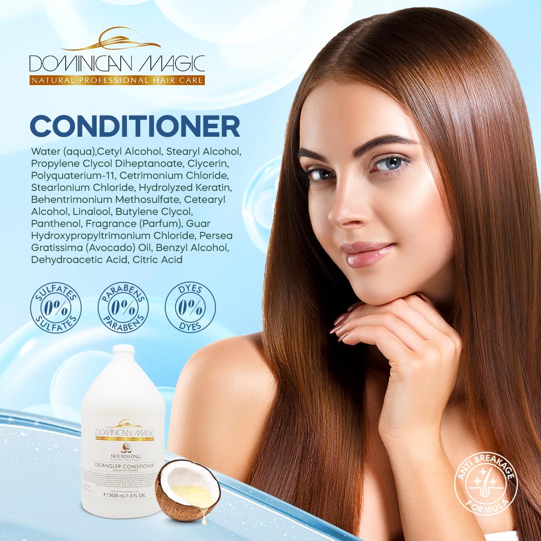 Dominican Magic Coconut Detangler pump bottle highlight for easy styling prep.