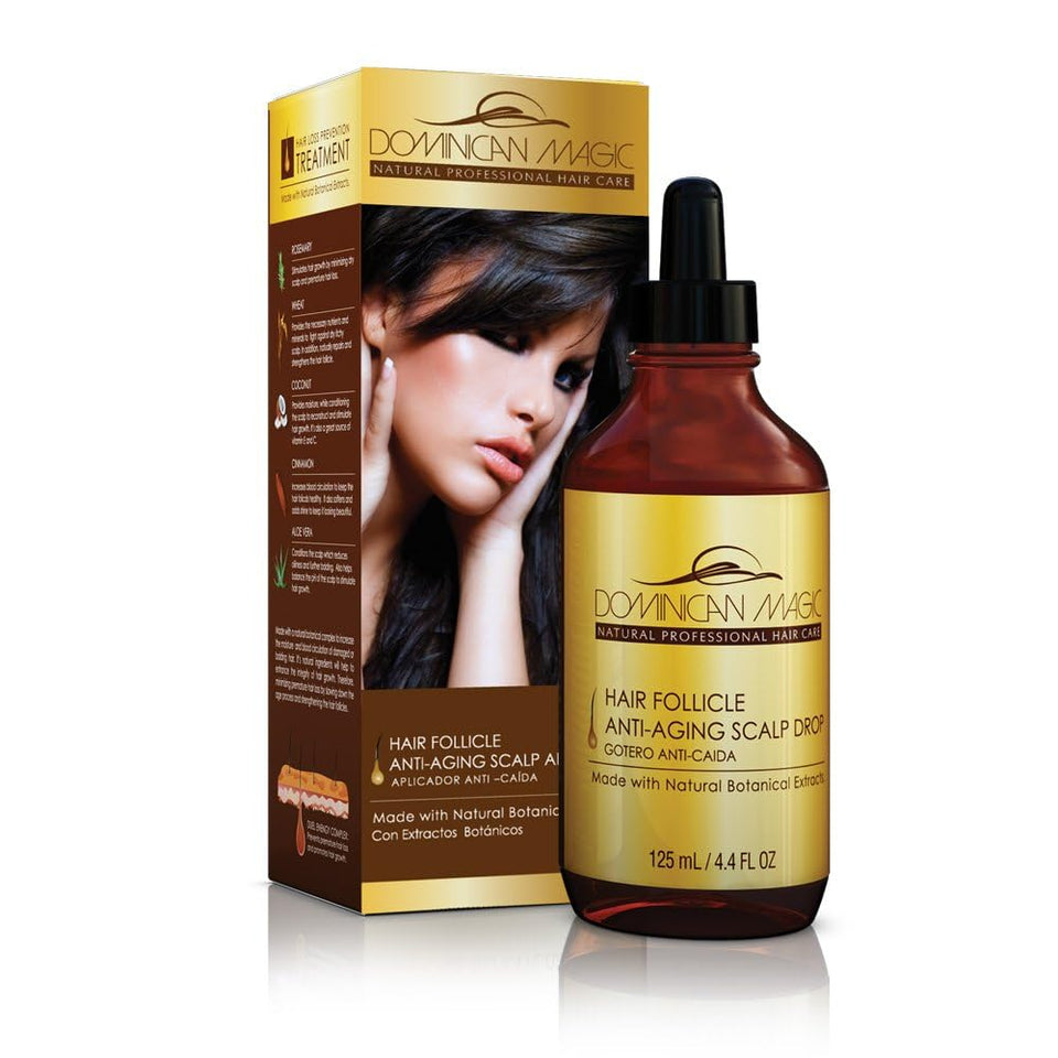 Dominican Magic Hair Follicle Tonic bottle with rosemary and cinnamon for scalp hydration.