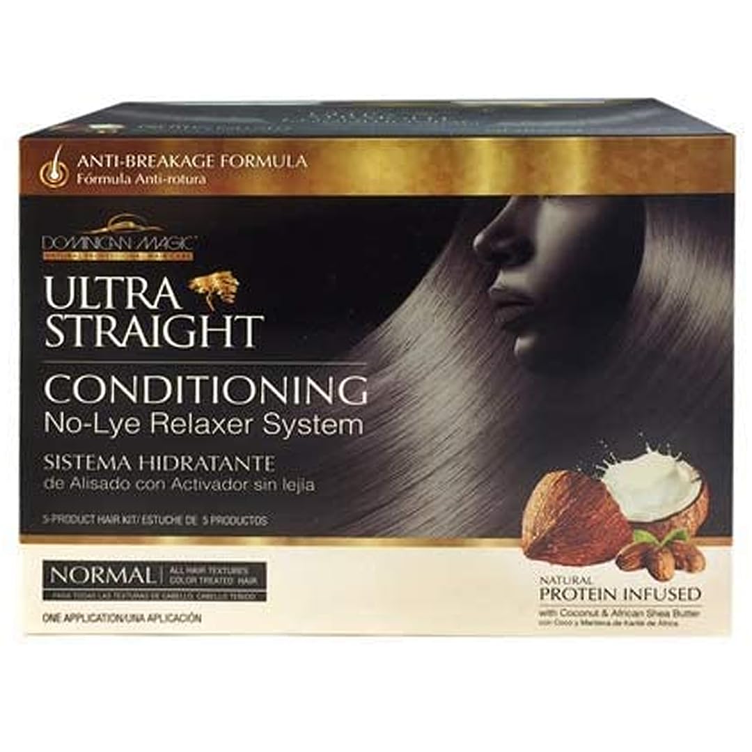 Dominican Magic Ultra Straight bottle with no-lye formula for gentle straightening.