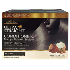 Dominican Magic Ultra Straight bottle with no-lye formula for gentle straightening.