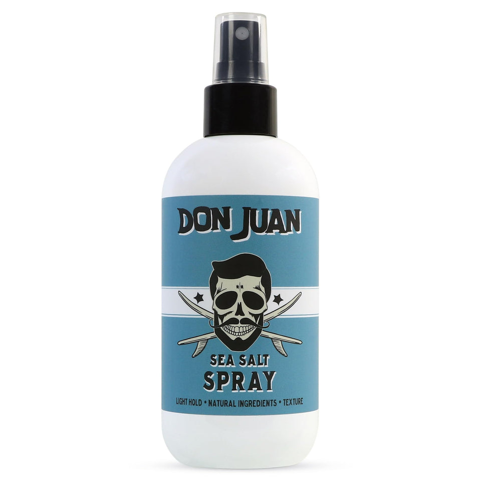 Don Juan Sea Salt Hair Spray bottle shown for beachy volume and texture.