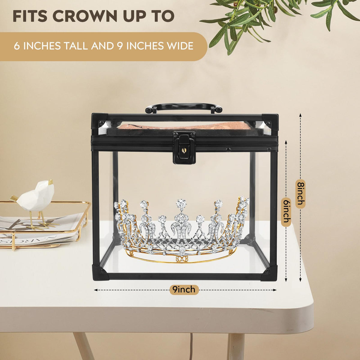 Donghome crown box side view showing slim profile on vanity shelf.