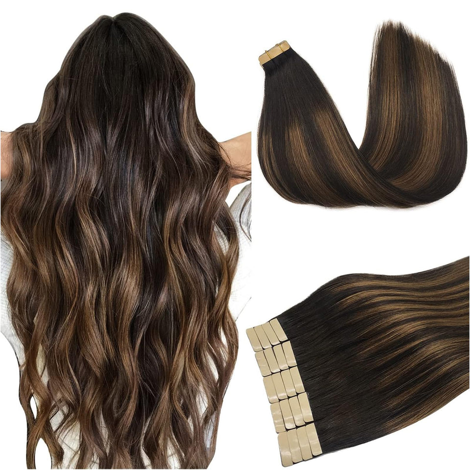 Doores Hair Extensions balayage dark brown to chestnut 20 inch silky straight for seamless blend.