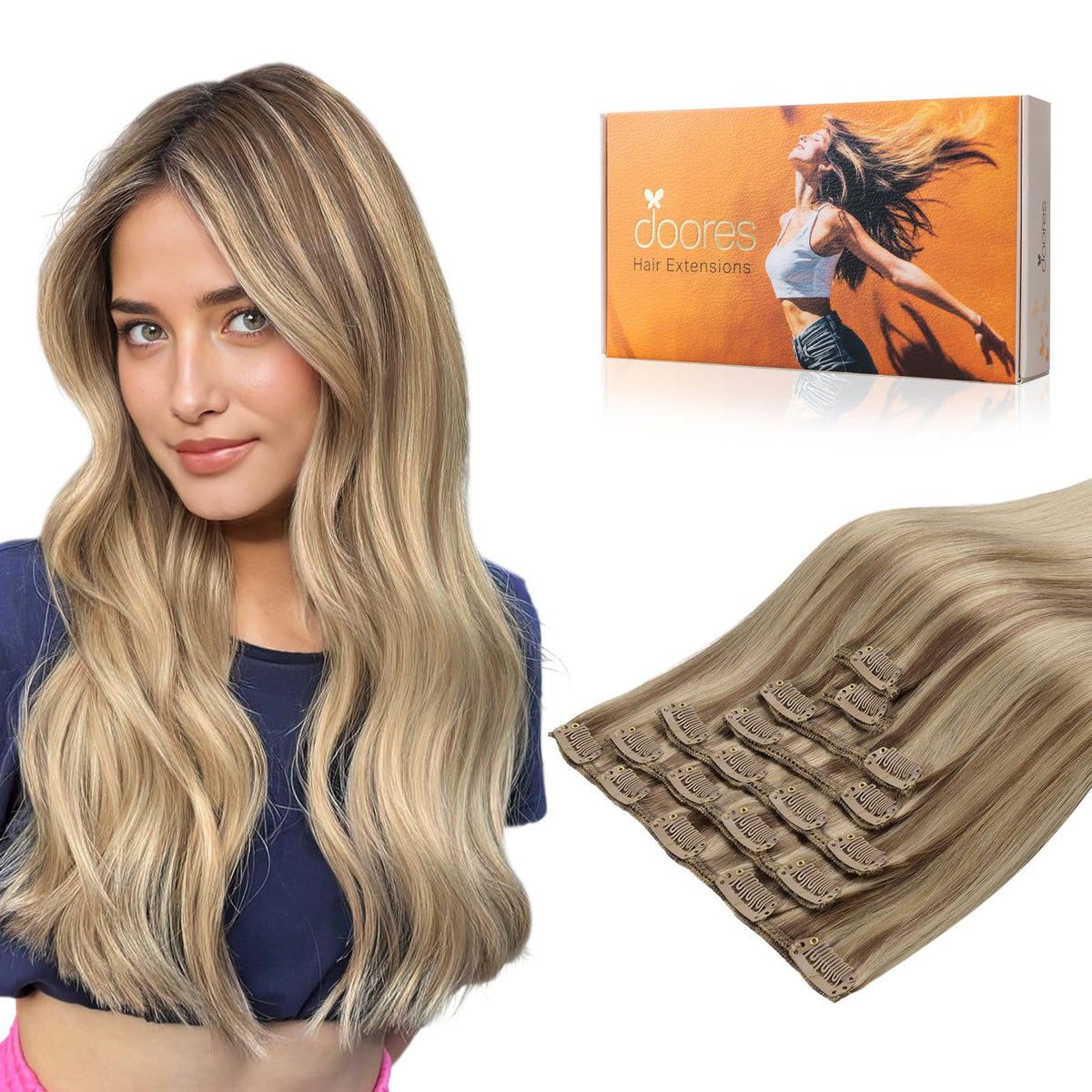 DOORES Balayage clip-in extensions blend mid copper and sandy blonde for a natural look