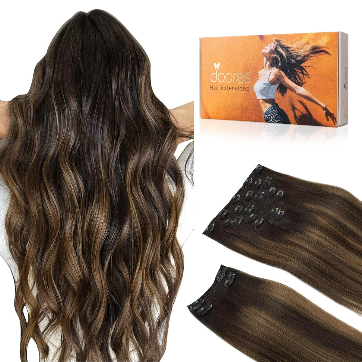DOORES hair extensions clip-in set in 20-inch length adds instant fullness and natural length