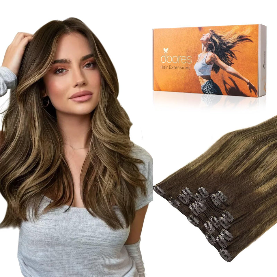 DOORES chocolate brown to caramel blonde balayage clip-in extensions for natural blend