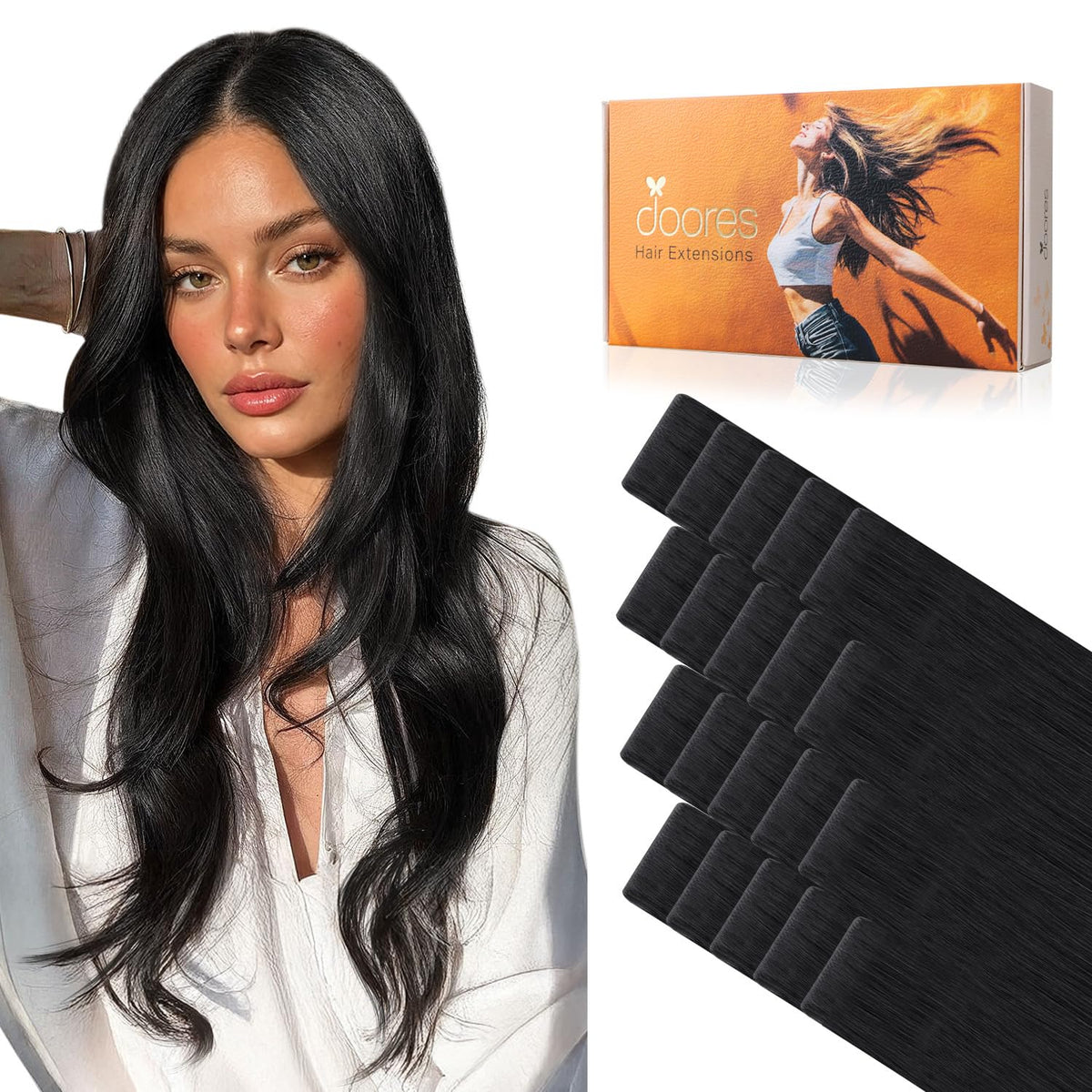 DOORES invisible edge tape-ins in jet black for a seamless natural root-like blend