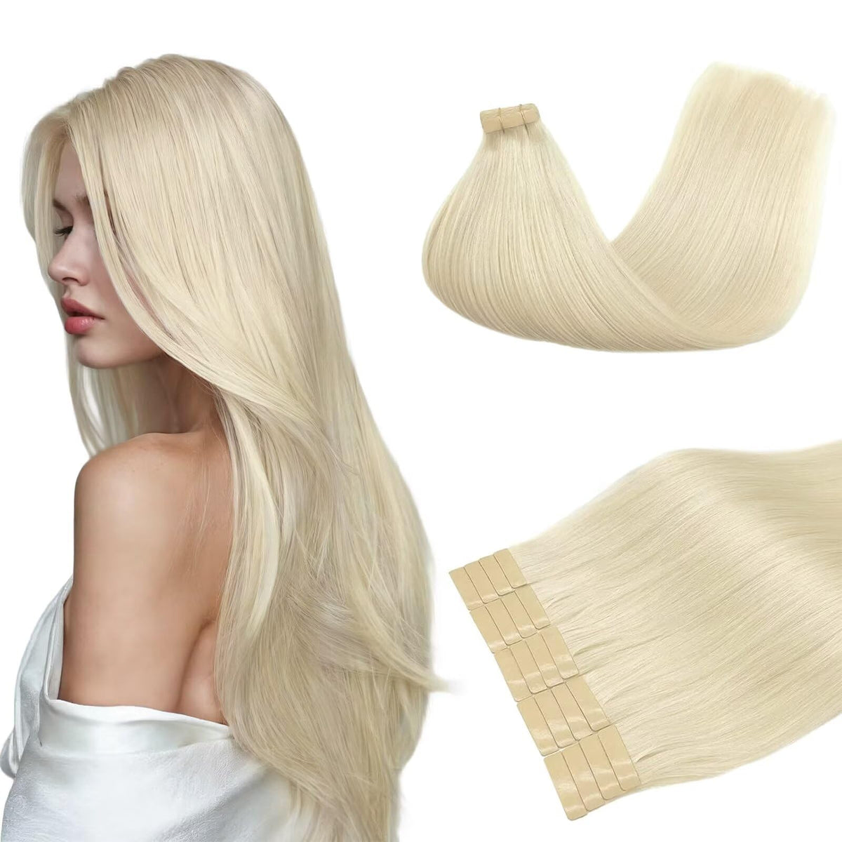 DOORES tape-in extensions in platinum blonde 20 inch pack showing color and density for blending