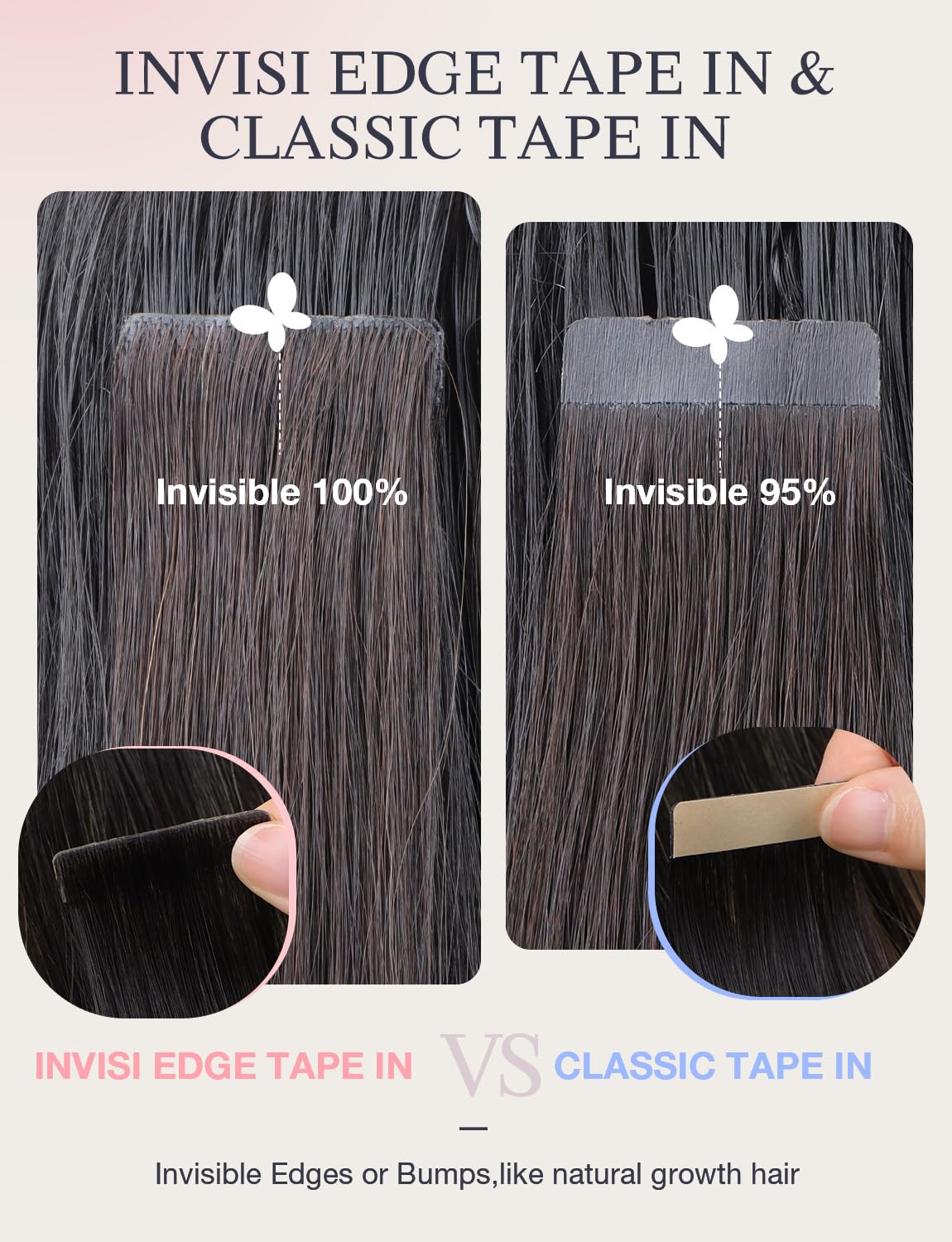 Virgin hair DOORES tape-ins in jet black for undetectable blend and natural shine