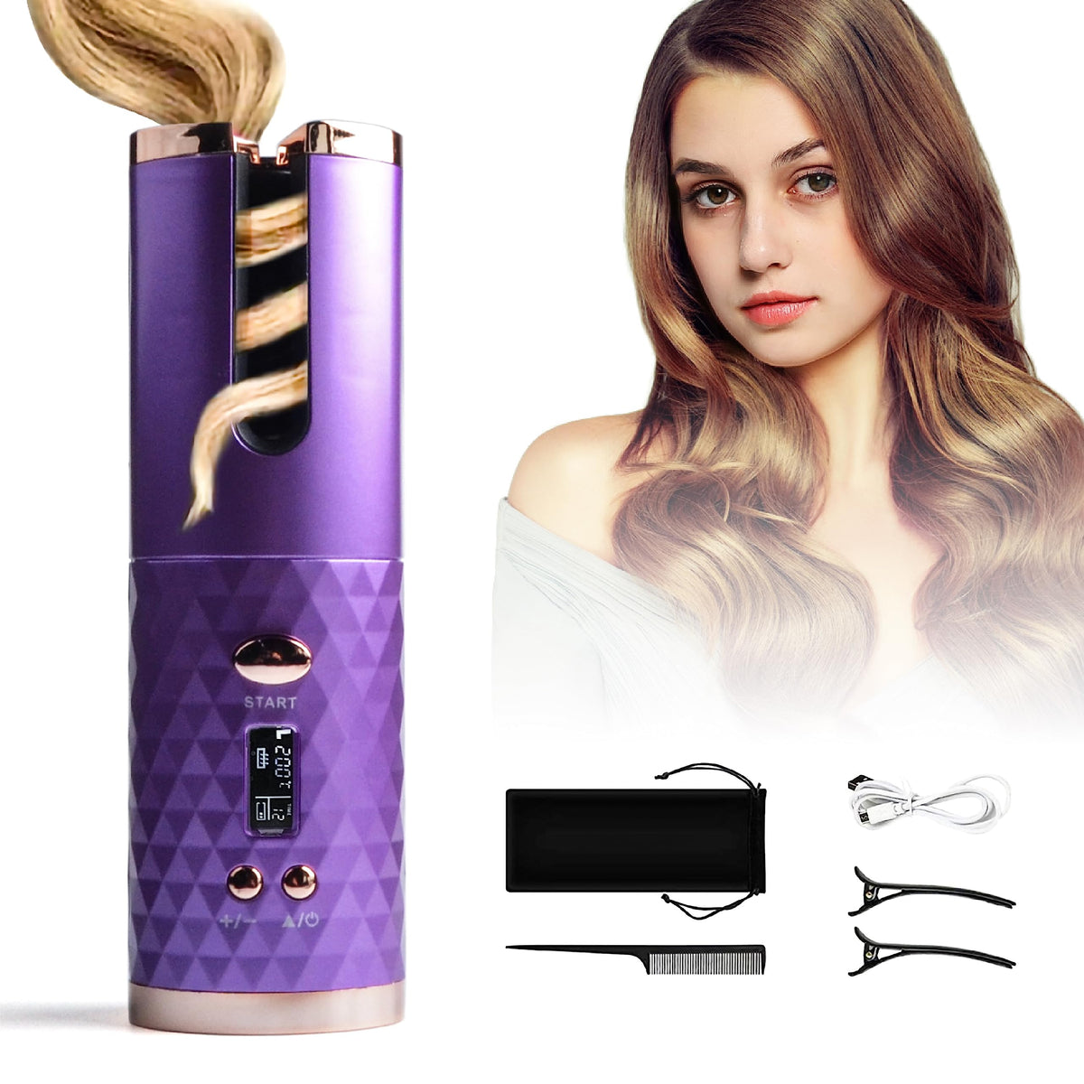 DOORTIAN automatic curling iron purple front view for quick, salon-worthy waves