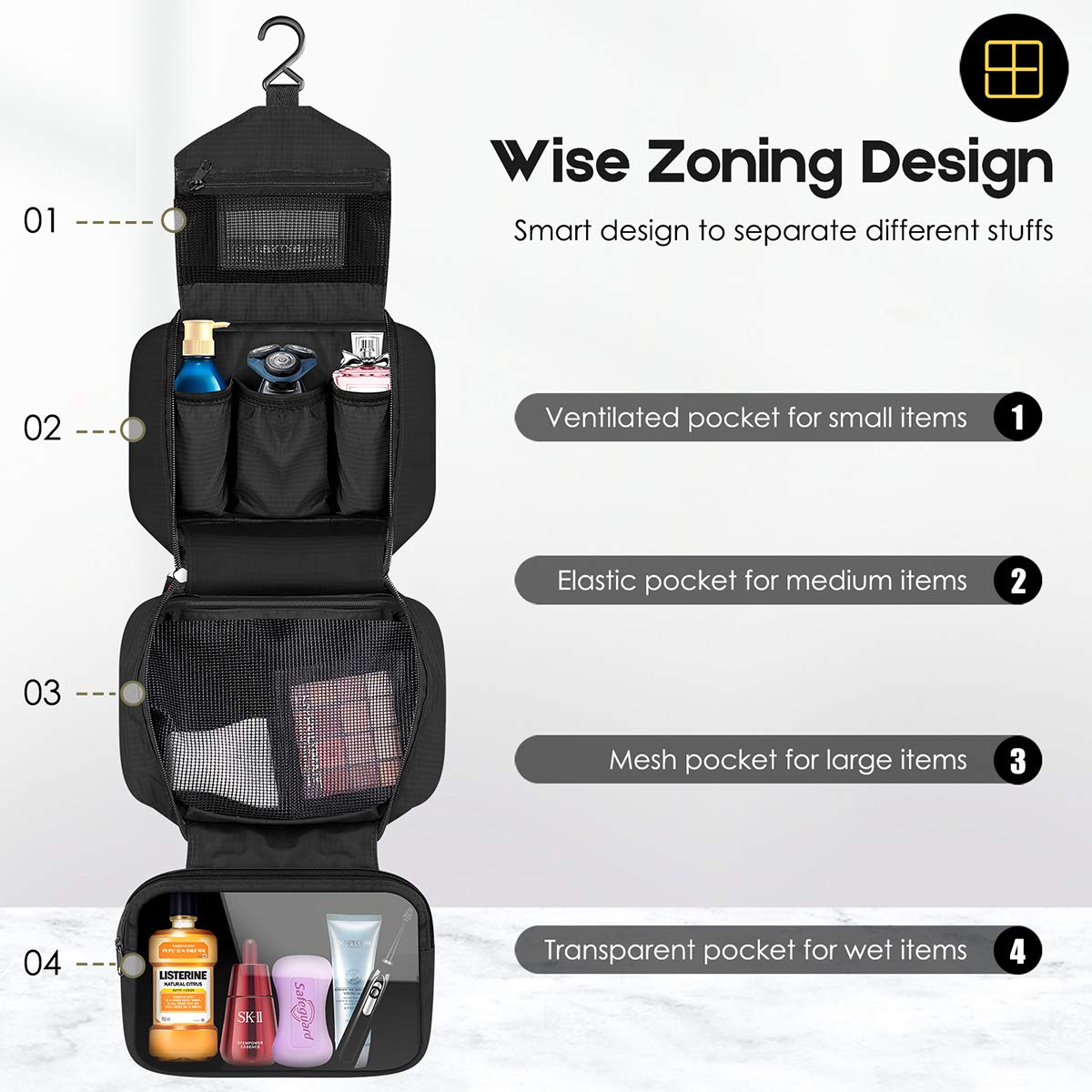 Dopobo toiletry bag with built-in hook for easy wall hanging