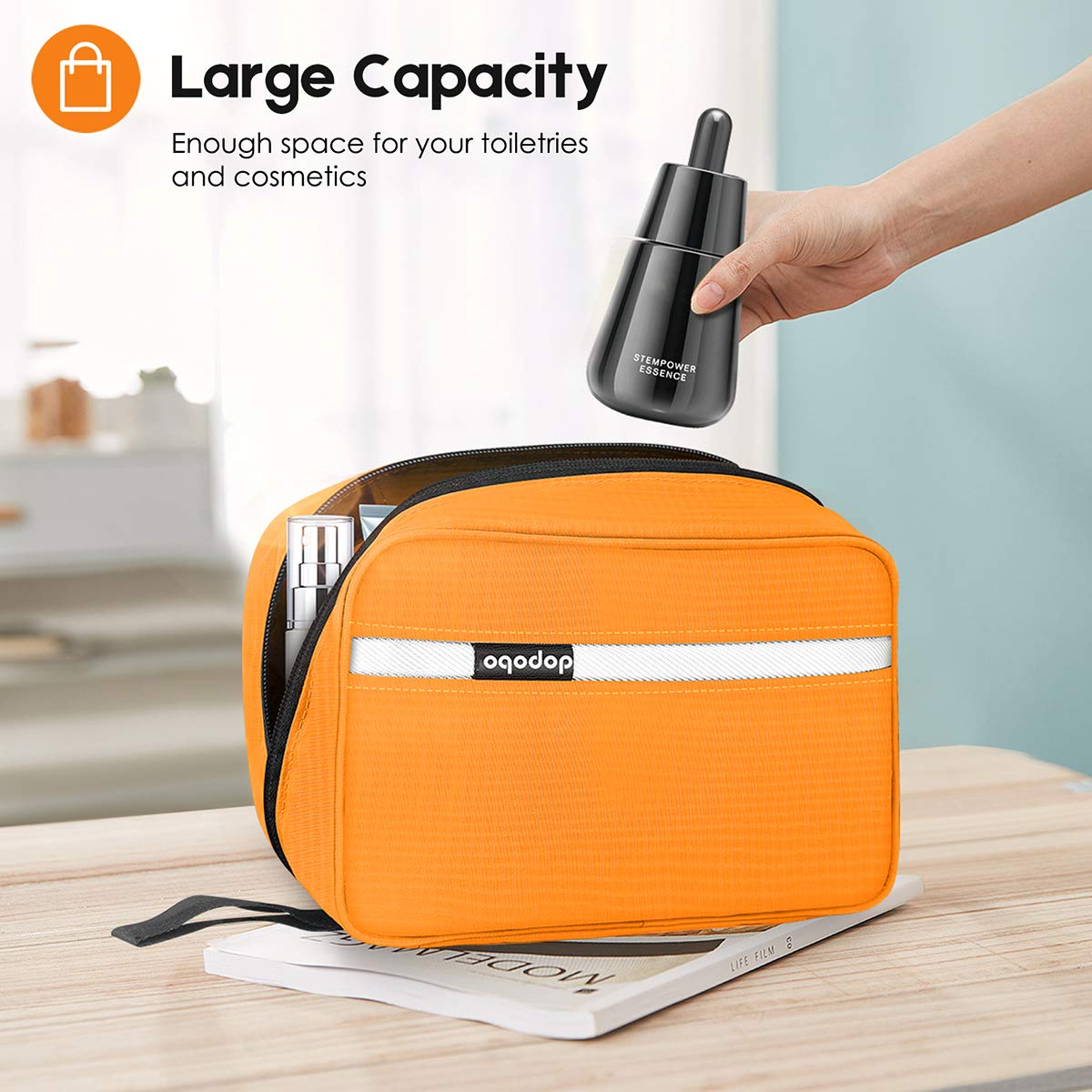 Dopobo orange toiletry bag side pocket for easy access.