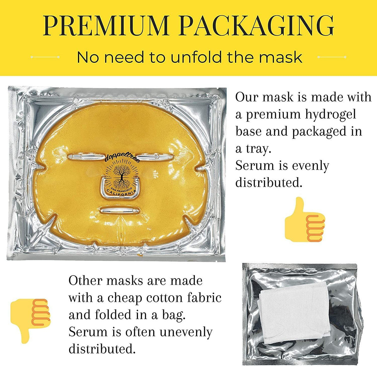 Doppeltree Gold Facial Mask vegan and cruelty-free seal on packaging.