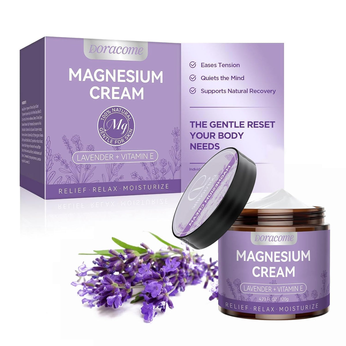 Doracome magnesium moisturizing cream being applied to legs for nighttime relaxation.