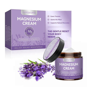 Doracome magnesium moisturizing cream being applied to legs for nighttime relaxation.