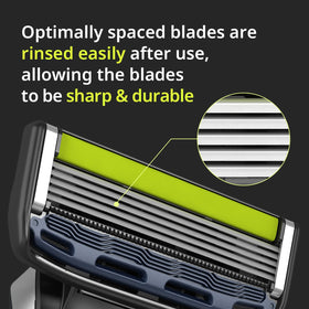 Dorco Pace 5 Pro guardbar guides skin toward blades for safety.