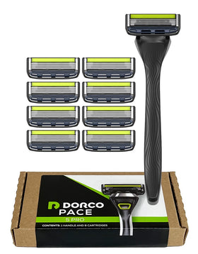 Dorco Pace 5 Pro handle close-up showing ergonomic grip for precise shaving.