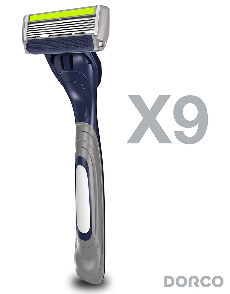 Close-up of six Dorco Pace 6 Plus blades delivering a smooth shave