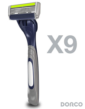 Close-up of six Dorco Pace 6 Plus blades delivering a smooth shave