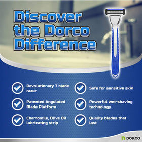 Dorco Pace 3 blade close-up emphasizes precision and close shave potential.