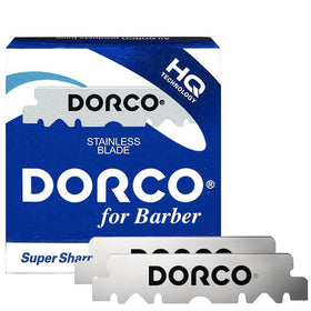Box of Dorco single edge blades showing 100 blades per box for value.