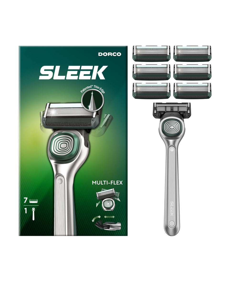 DORCO SLEEK razor close-up showing six blades for a smooth, close shave
