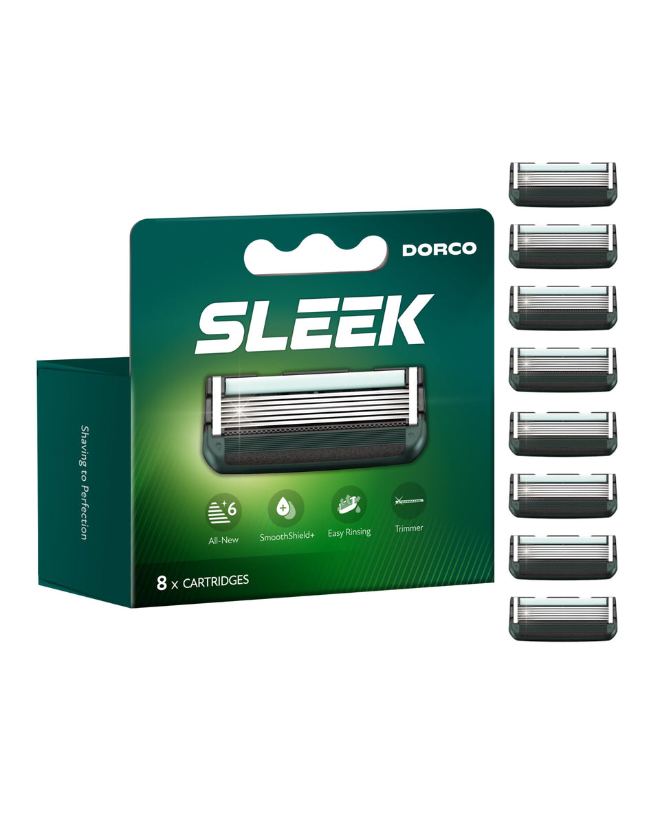 Dorco SLEEK multi-flex razor system adapts to contours for a smooth shave.
