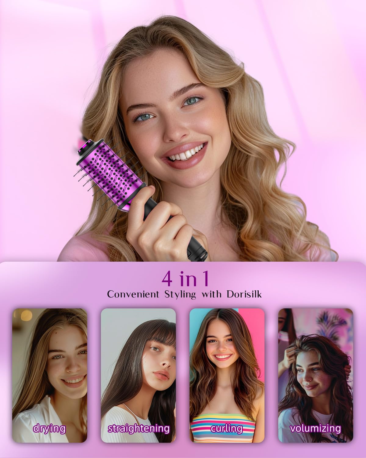 DORISILK nylon pins and tufted bristles reduce tangles during styling