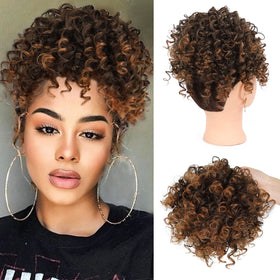 DOROJJ Curly Drawstring Ponytail Extension in Ombre Caramel Brown for natural volume and quick styling.