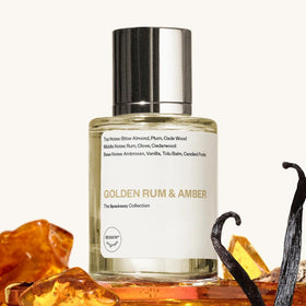 Dossier Golden Rum & Amber bottle, side view, versatile fragrance for any occasion.