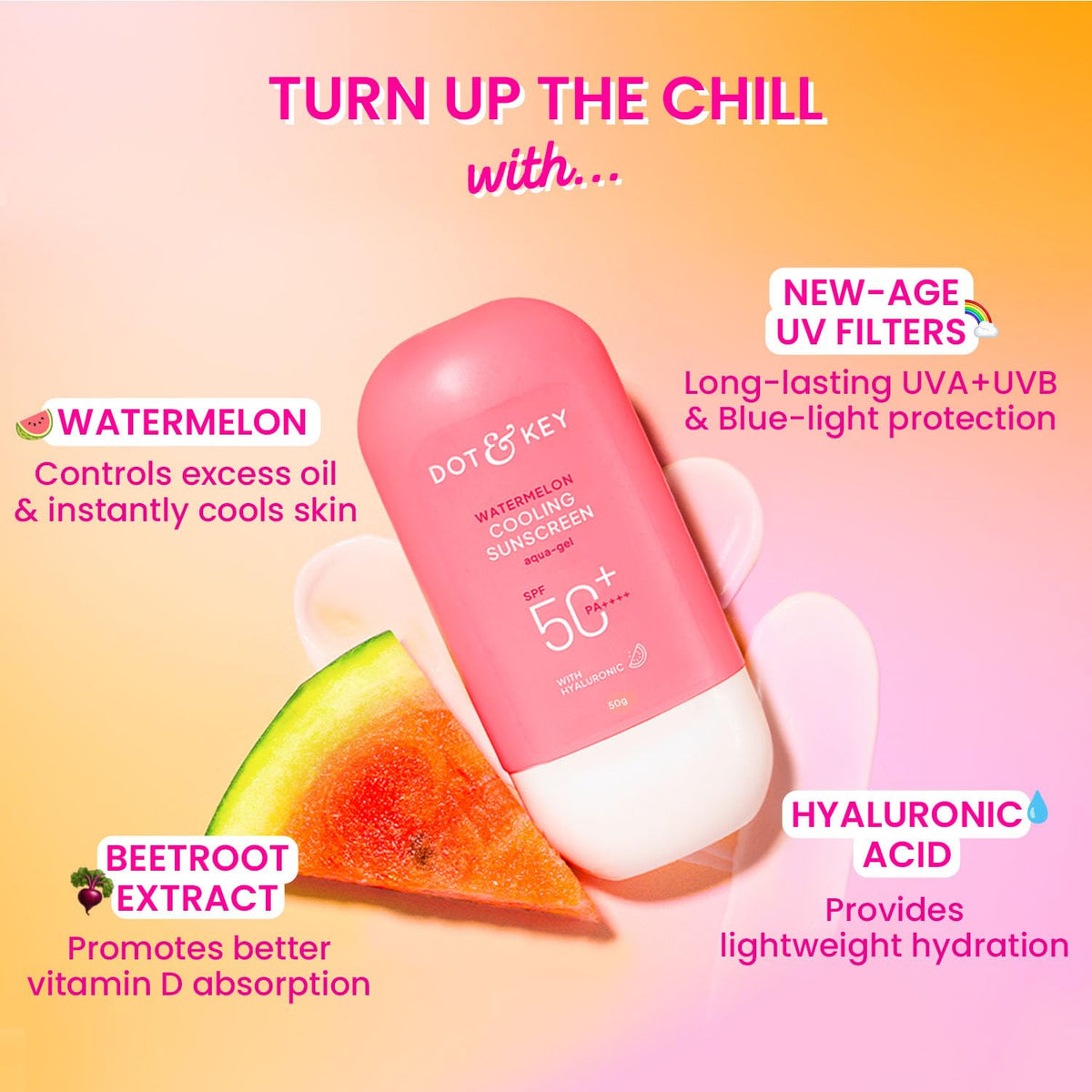 Glossy packaging of Dot & Key Watermelon Sunscreen emphasizing broad spectrum protection