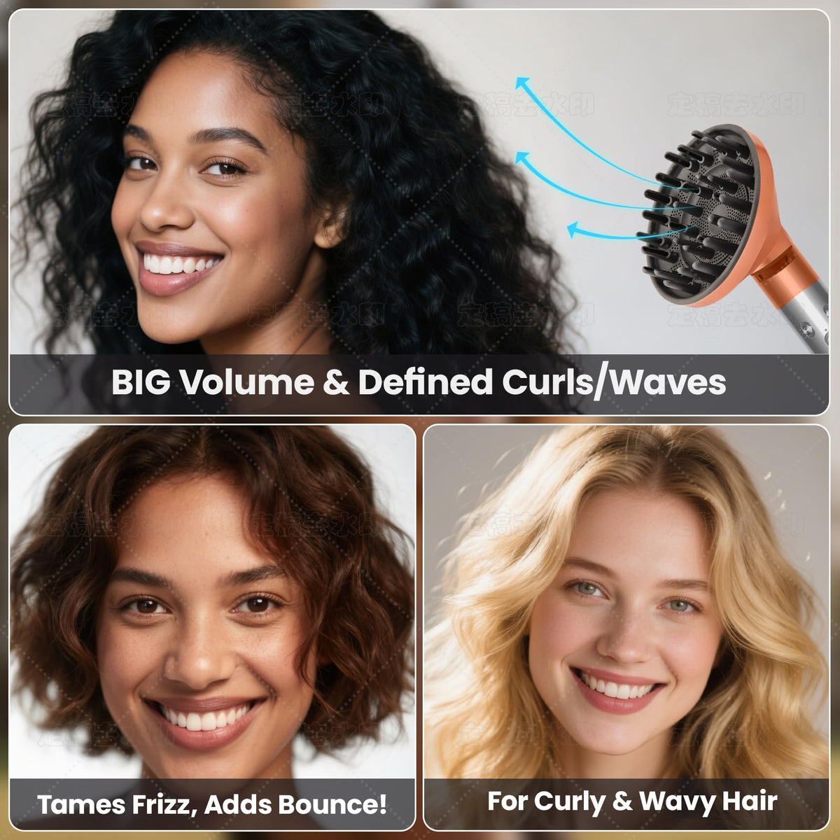 Dotspun diffuser with extended pins for deeper root penetration in thick hair.