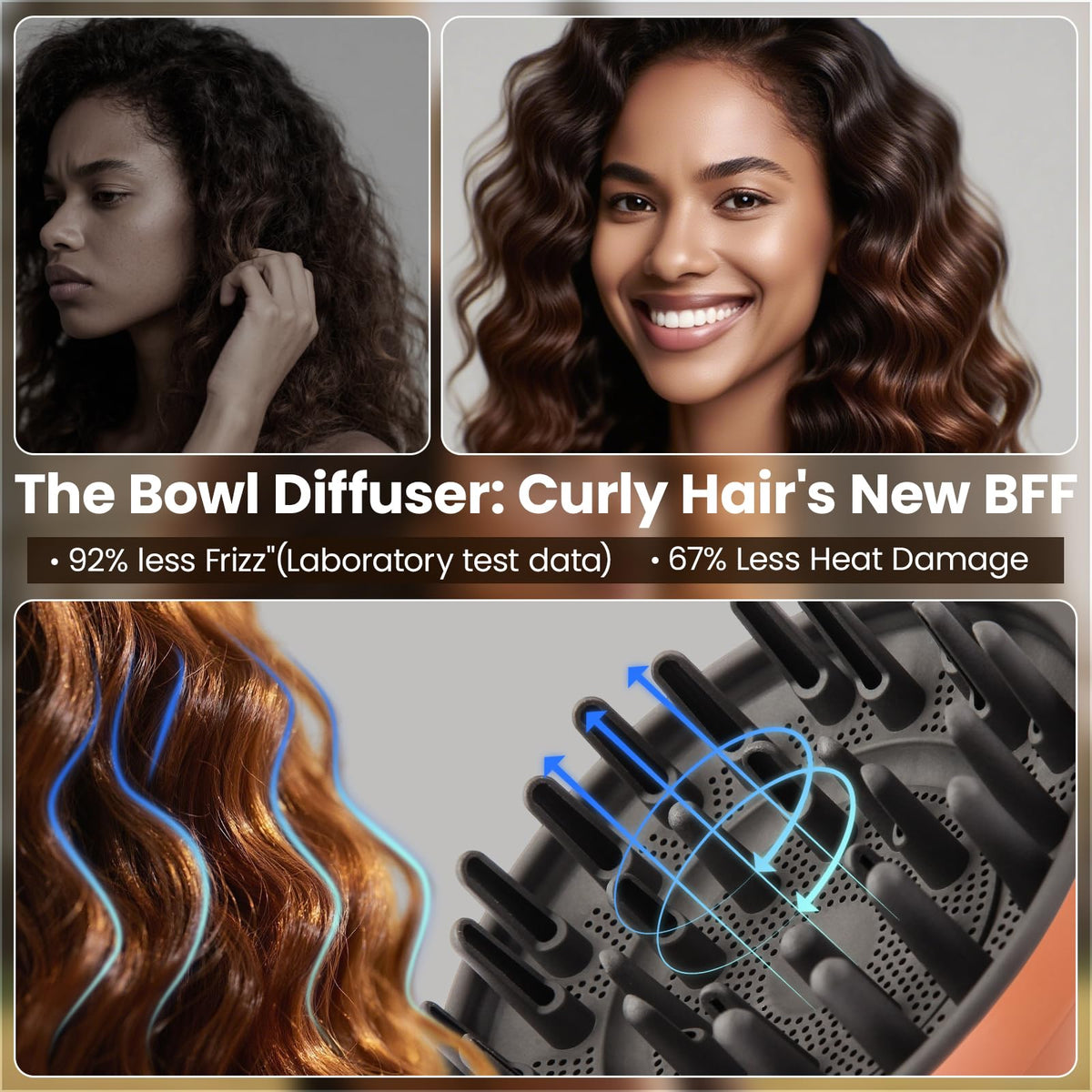 Dotspun diffuser wide-surface area delivers gentle, even drying for voluminous waves.