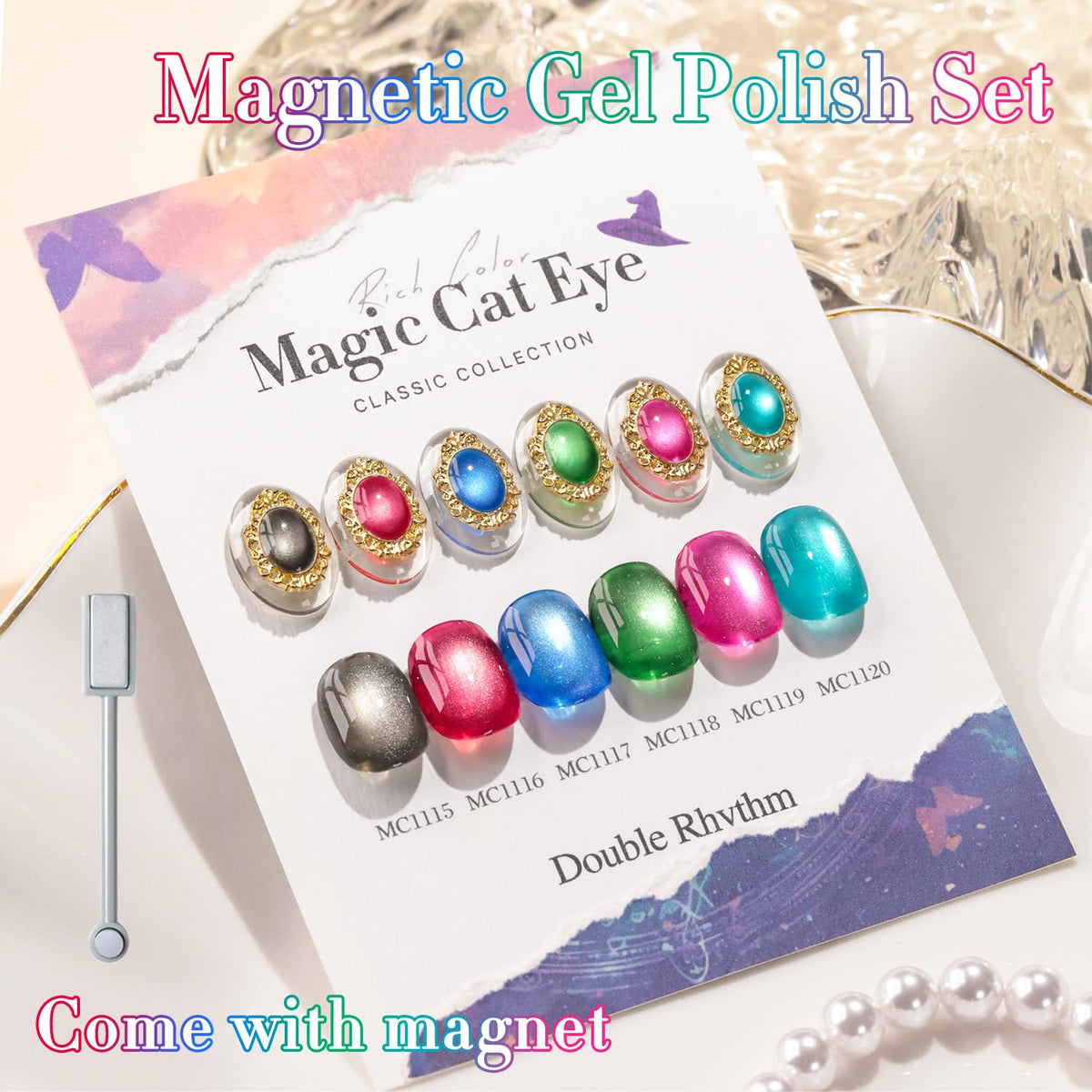 Six-color Double Rhythm Cat Eye Gel Polish set offers versatile at-home nail art.