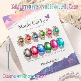 Six-color Double Rhythm Cat Eye Gel Polish set offers versatile at-home nail art.