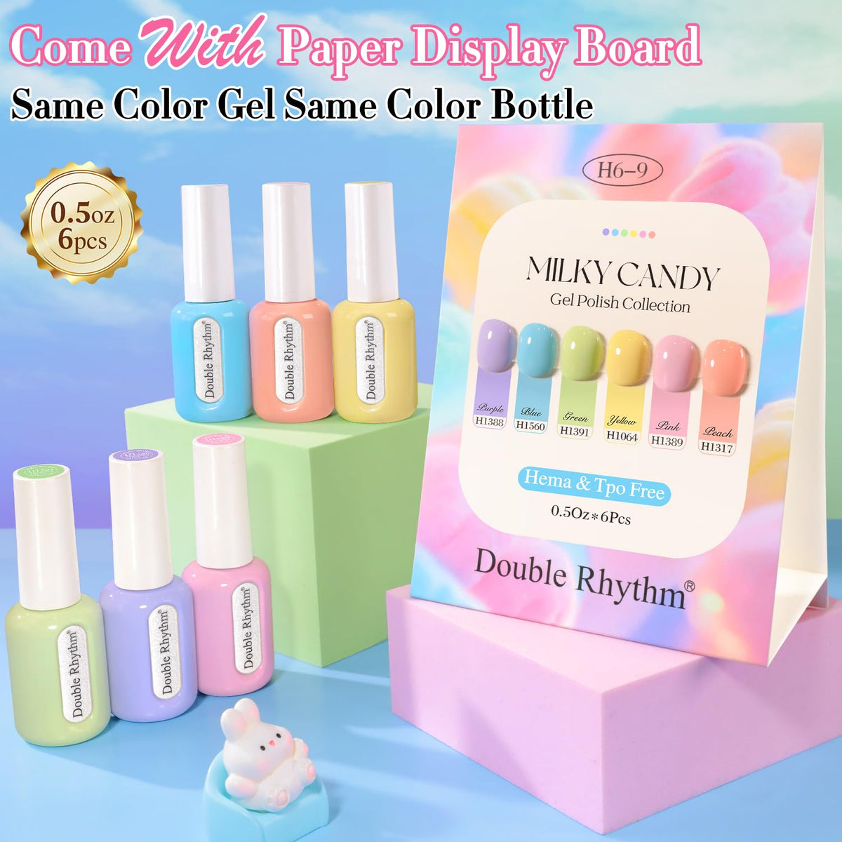 Double Rhythm color swatches showing pastel yellow-orange shades for shade picking