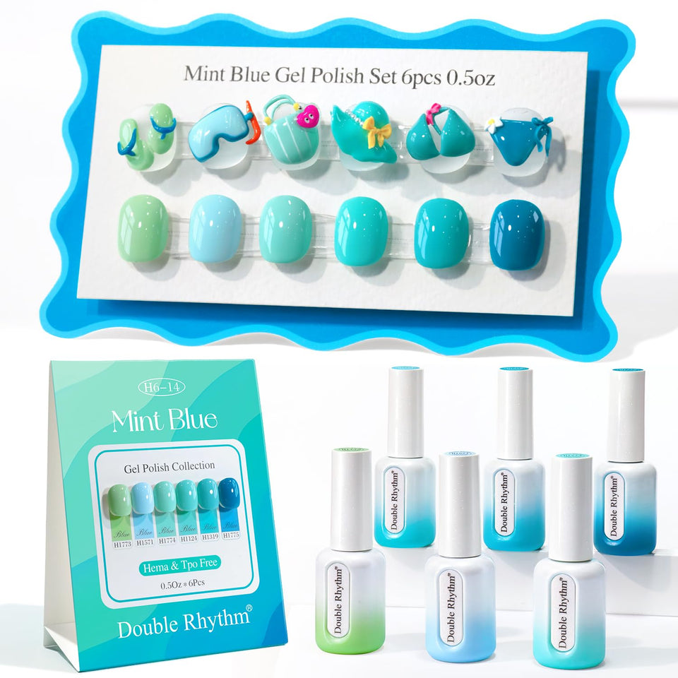 Double Rhythm gel polish set with pale green mint shade bottles and swatches for easy selection.