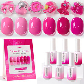Double Rhythm six-pack HEMA-free gel polish swatches for easy color selection.