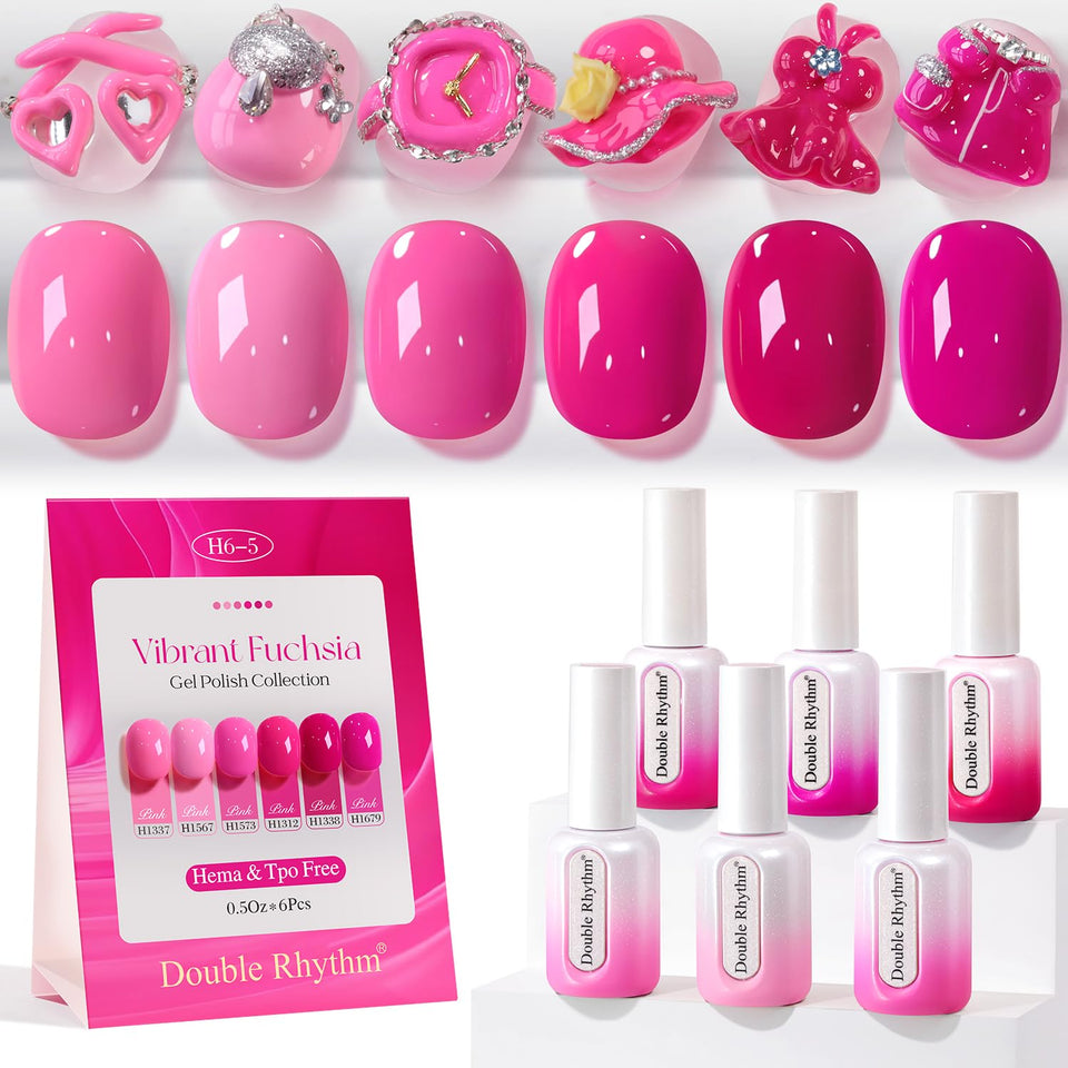 Double Rhythm six-pack HEMA-free gel polish swatches for easy color selection.