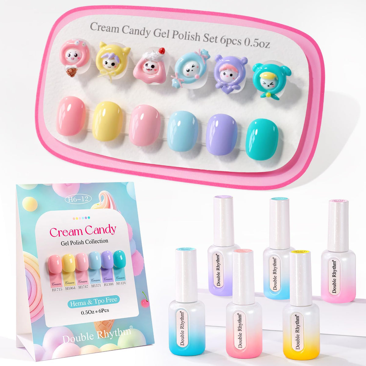 Double Rhythm six-piece HEMA-free gel polish bottles for consistent color.