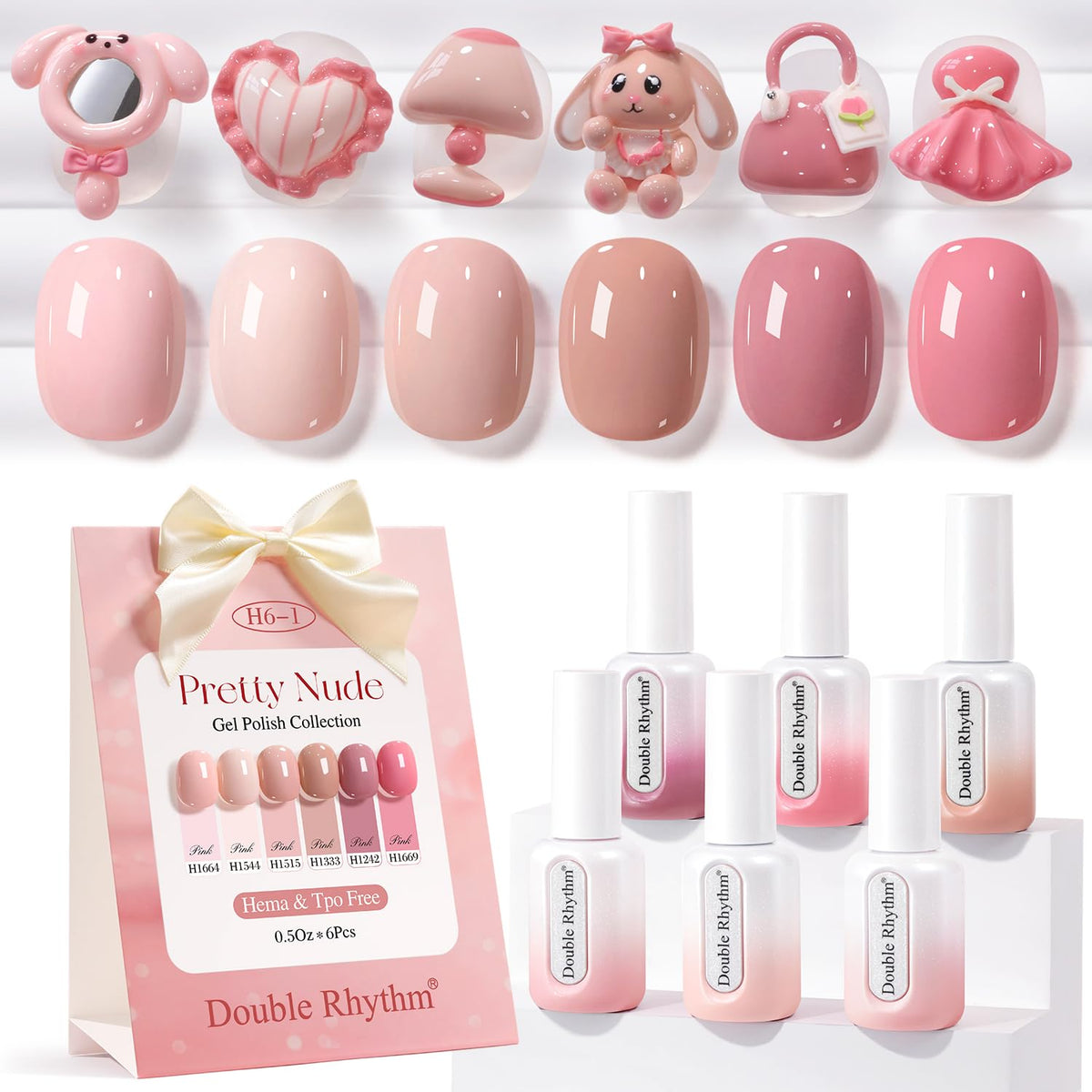Double Rhythm six-piece HEMA-free gel polish set in a single shade for uniform nails.