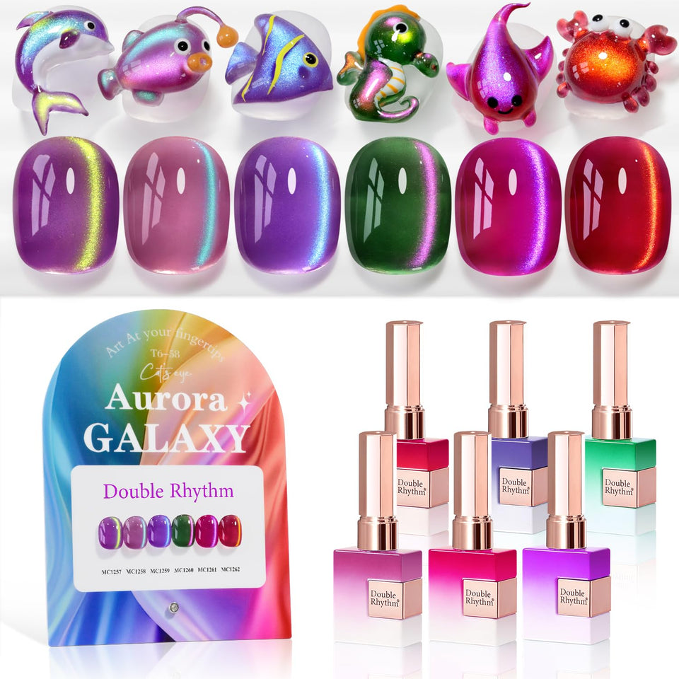 Double Rhythm Aurora Galaxy Burgundy cat eye gel polish bottle front view with magnetic shimmer for at home nails