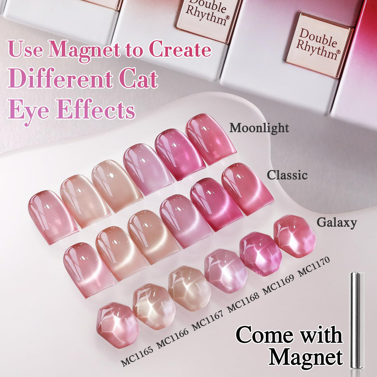 Double Rhythm Cat Eye Gel Polish Set glossy finish on sample nails.