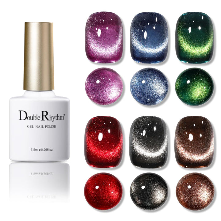 Double Rhythm cat-eye gel polish bottles show six colors for rich shimmer and easy application.