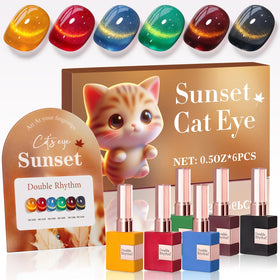 Double Rhythm cat-eye gel polish set displayed with six colors for DIY nails.