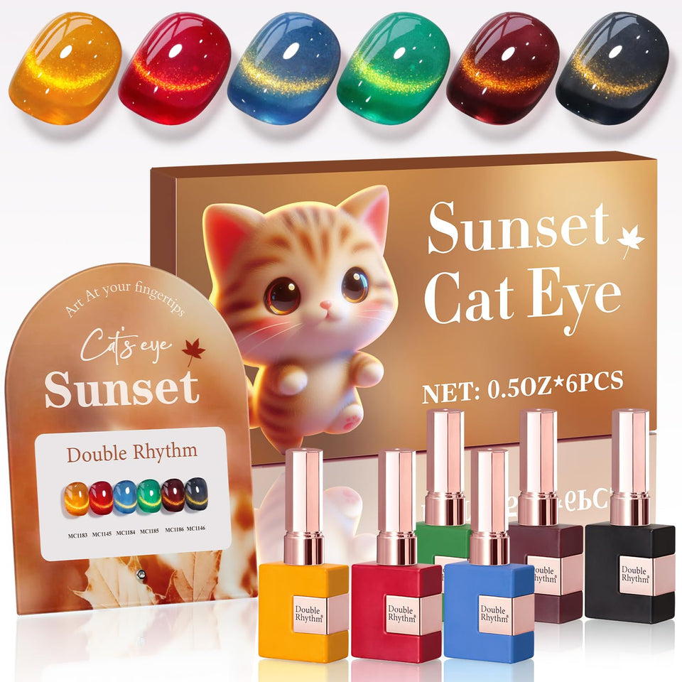 Double Rhythm cat-eye gel polish set displayed with six colors for DIY nails.