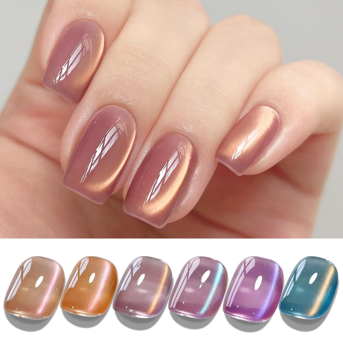 Double Rhythm cat-eye polish collection bottles show six chic shades for stylish nails.