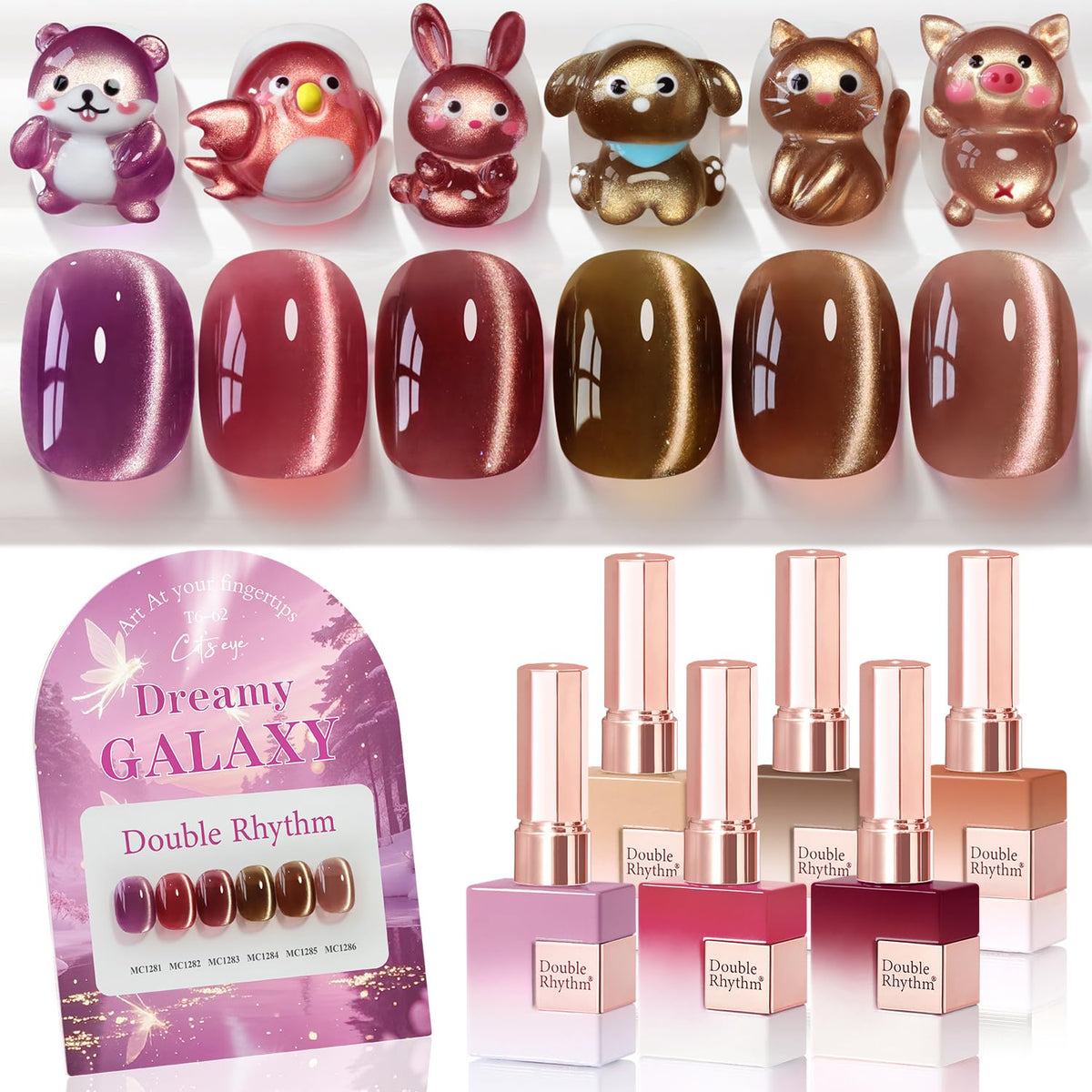 Double Rhythm Cat Eye polish color swatches in Rose Coffee Brown Red for at-home testing